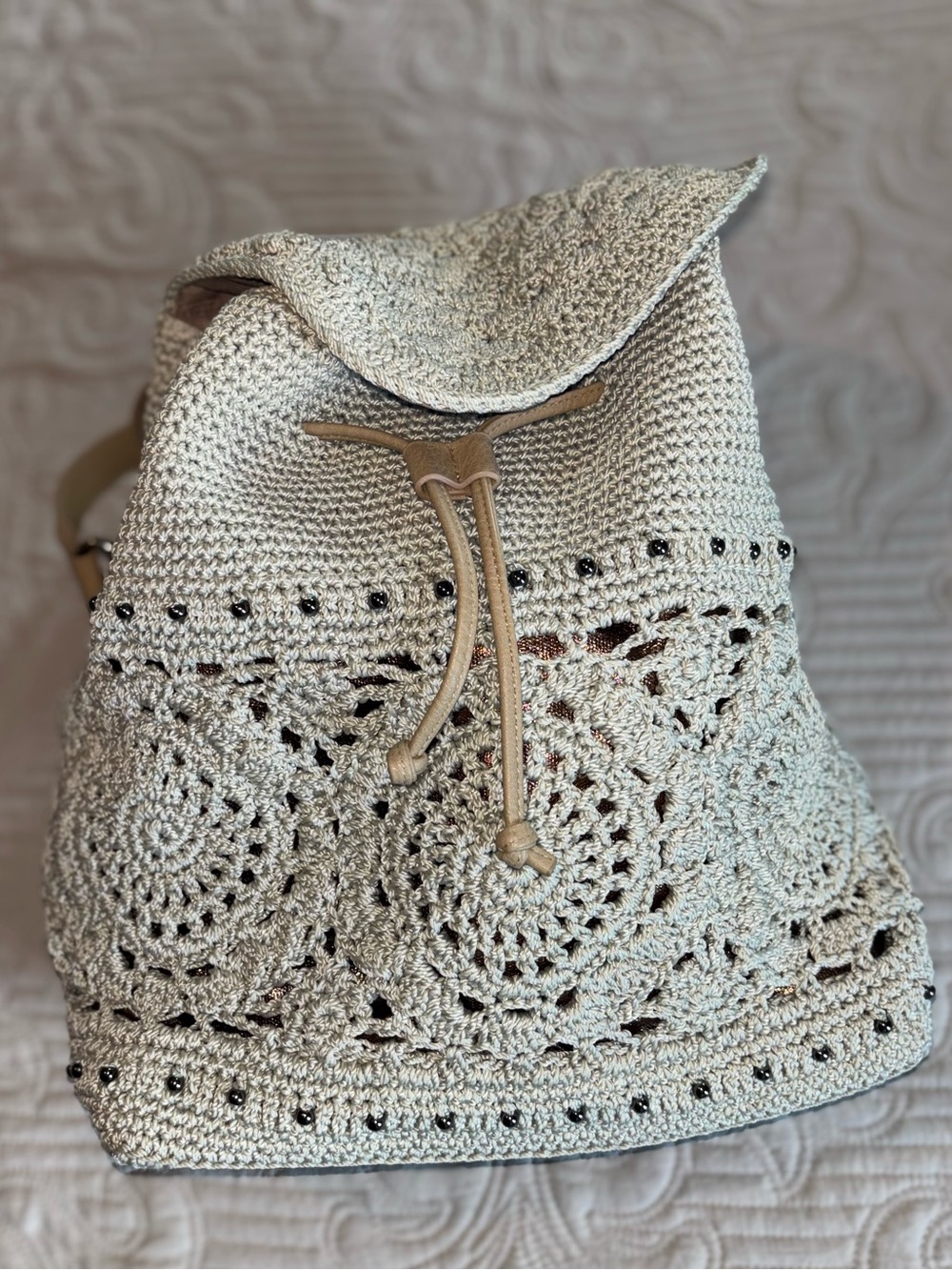 The Sak Crochet Drawstring Backpack - Beige
